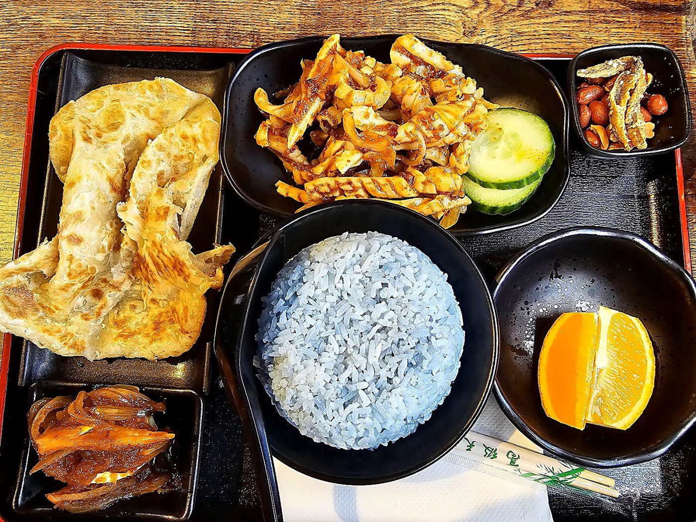 Traditional Nasi Lemak with Butterfly Pea Flower Coconut Rice and Sambal